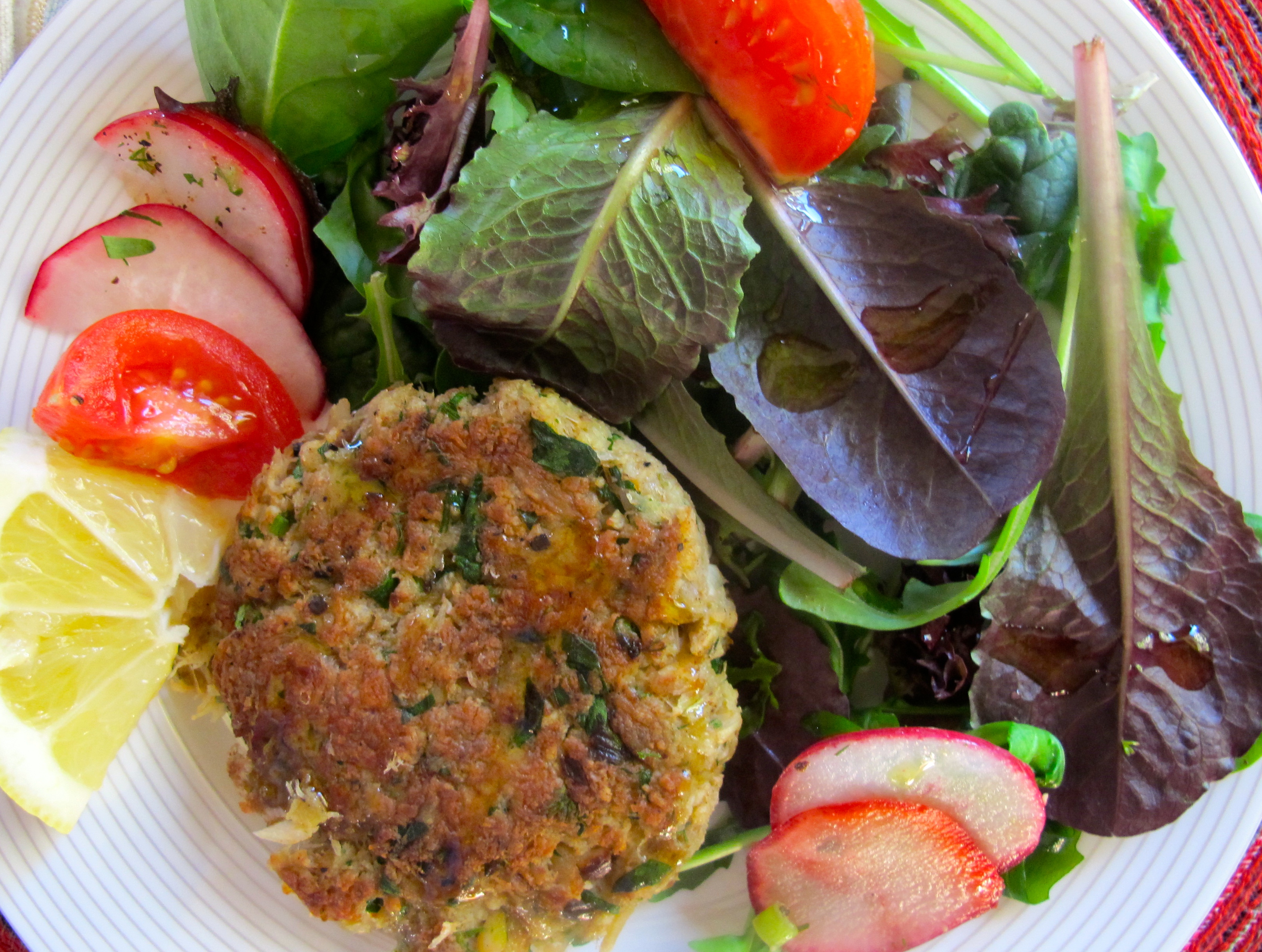 Friday Fish — Crab Cakes on Fresh Greens with Lemon Vinaigrette More